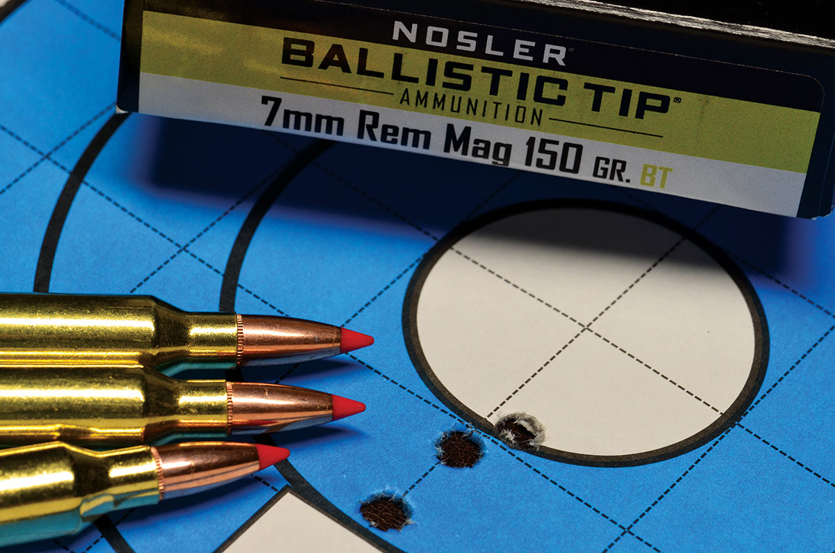 Nosler factory 150-grain Ballistic Tip hunting ammunition, three shots into a .875 inch group.